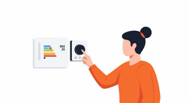 Woman Using Smart Home Thermostat to Adjust Temperature and Monitor Energy Efficiency