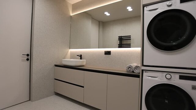 Compact Functional Bathroom. Streamlined Bathroom Featuring Integrated Laundry And Sleek Designs