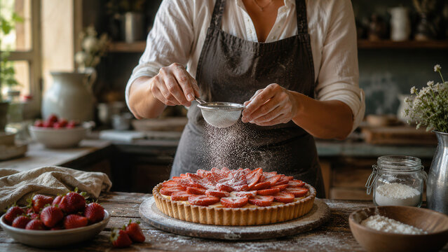 Mani femminili che preparano crostata alle fragole in cucina rustica. Generative AI 