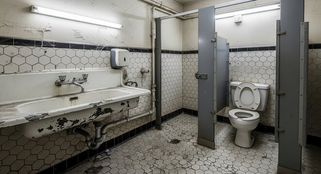 Grubby public bathroom with hexagonal floor tiles and neglected sink and toilet