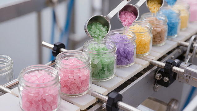 An automated conveyor line filling glass jars with colorful bath salts. Concept of cosmetic manufacturing, bath salt packaging process, wholesale supply, and domestic spa retail