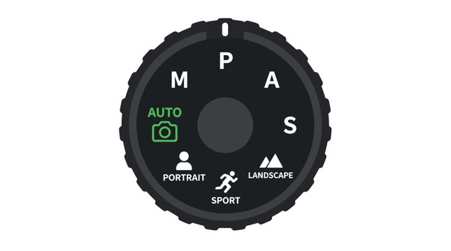 Close up DSLR mode dial with camera settings.