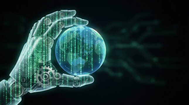 A robotic hand with glowing circuit patterns and binary code holds a digital globe