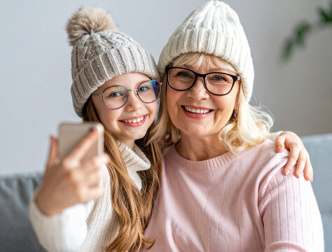 Eine lächelnde Gro&szlig;mutter und ihre Enkelin machen Zuhause ein Selfie mit Strickmützen und Brillen