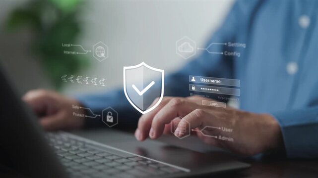 Network administrator entering login credentials on laptop with secure shield interface. Concept of data privacy protection, cyber security infrastructure, and corporate identity access management.