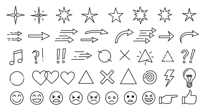 Collection of hand drawn stars arrows emoticons with music note question mark exclamation mark light bulb design element emoticons collection lightning triangle illustration scribble
