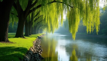 Fototapeta premium Row of weeping willow trees line calm river. Green grass bank meets rocky shore. Sunlight filters through branches creating peaceful atmosphere. Water reflects lush foliage and trees.