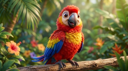 Obraz premium Cute 3D Cartoon Parrot in Tropical Jungle – Colorful Bird Character Illustration