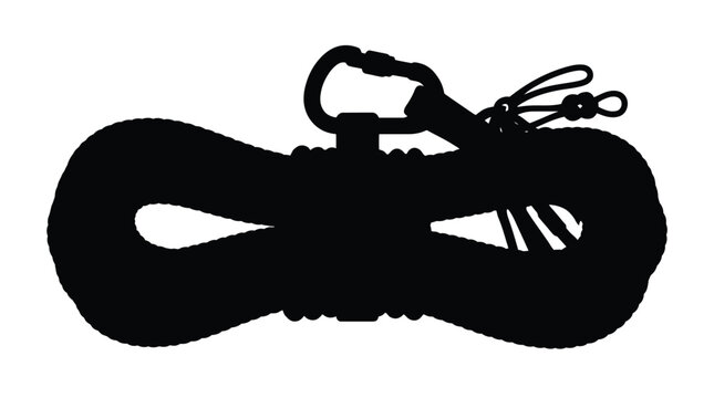 Detailed photograph of a coiled black climbing rope with a metal carabiner attached showing essential equipment for outdoor adventure sports and professional rock climbing safety gear