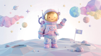 Cute astronaut waving on moon low poly style © Andres Mejia