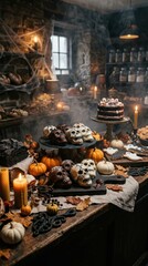 Fototapeta premium Skull cookies and spooky cake on candlelit Halloween dessert table in smoky kitchen. Halloween concept.