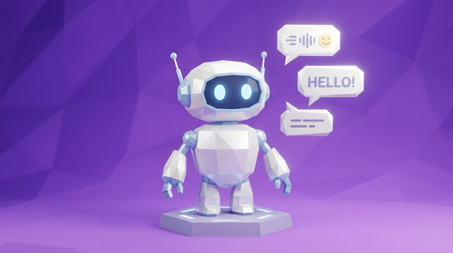 friendly robot chatbot with speech bubbles and hello message