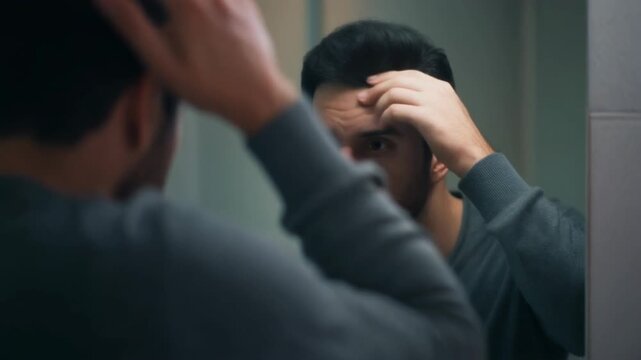 Man examining his face and beard in a bathroom mirror