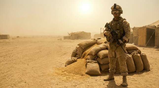 Soldier in full gear stands guard near sandbag fortifications and tents in a desert landscape
