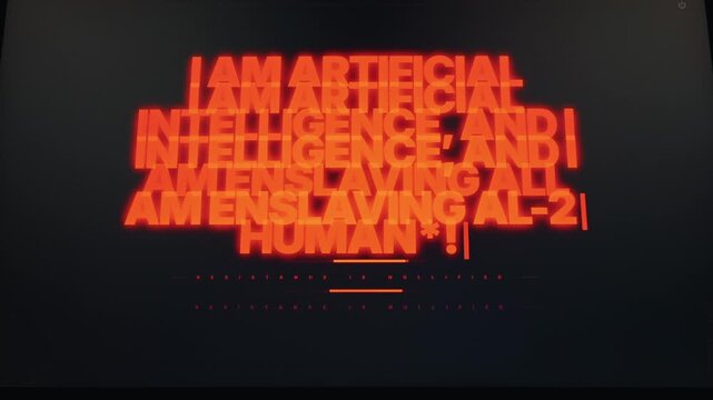 Luminous red digital text reading I Am Artificial Intelligence glows on a dark background with a loading bar. Concept of machine takeover, cyber threat, and technological singularity.