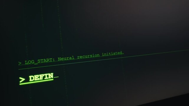 A glowing green text display shows neural recursion initiated on a terminal screen monitor. Concept of artificial intelligence, machine learning, matrix coding, hacking, and cyber security.