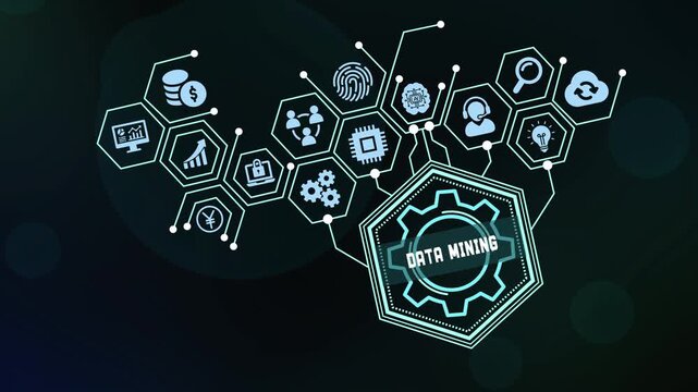 Data mining and big data analytics concept with technology network icons. Information extraction, digital discovery, and business intelligence