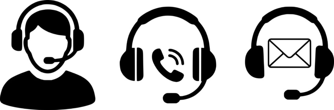 Customer service icons set with support agents wearing headsets for phone, email, and chat assistance.