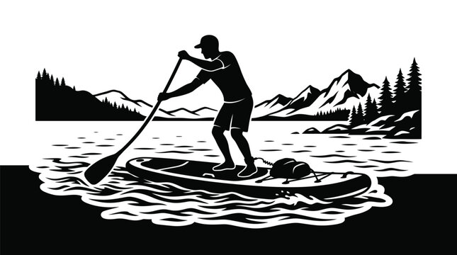 A black and white graphic illustration showing a man standing on a paddle board while navigating calm water with mountains and pine trees in the background