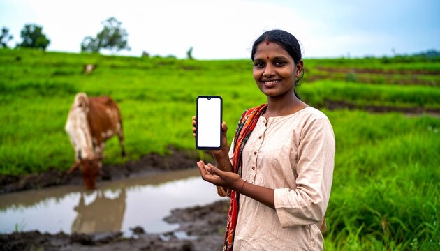 Smart Indian farm woman using digital technology in agricultural land