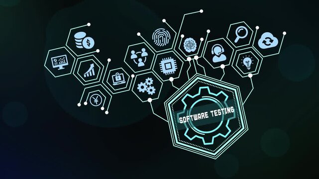 Software testing concept with business technology icons. Digital quality assurance automation, bug fixing, and system optimization background