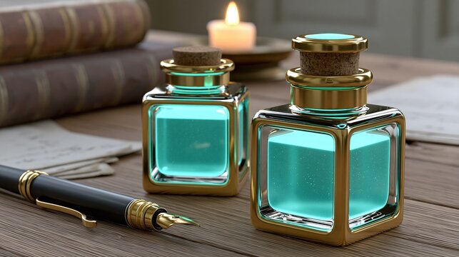 Vintage desk with potion bottles, fountain pen, old books, and candle light