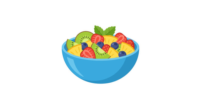 fruit salad in blue bowl flat vector illustration on white background