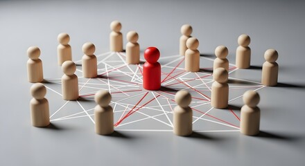 Obraz premium Organizational network concept, red wooden human and wooden figures connected with lines