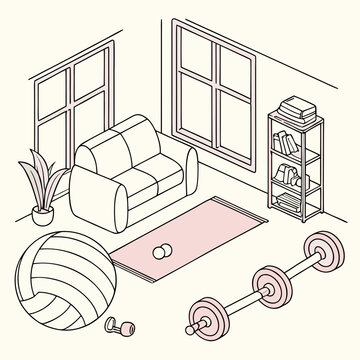 Home gym isometric illustration with sofa weights yoga mat exercise ball active lifestyle home fitness living room small dumbbell personal trainer exercise dumbbell volleyball furniture