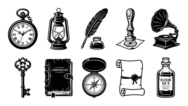 Vintage historical items collection featuring a pocket watch, old lantern, quill pen, gramophone, skeleton key, and ancient book for storytelling.