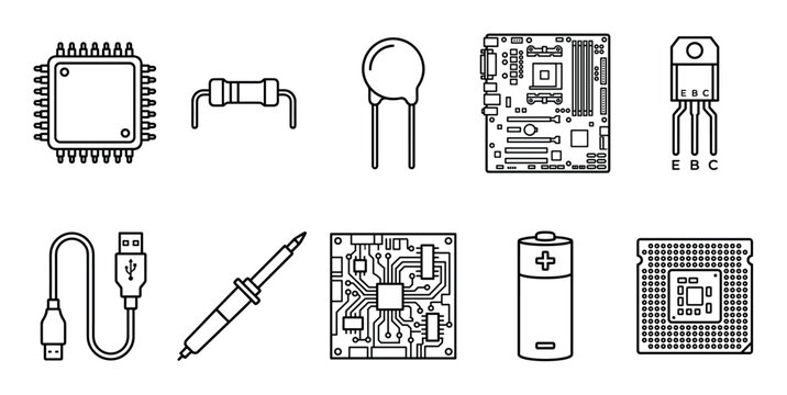 Electronic components and computer hardware parts, including microchips, resistors, capacitors, motherboards, transistors, USB cables, and soldering tools for technology and engineering.