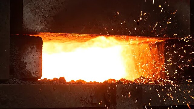 Close-up view of a fiery industrial furnace opening with bright white and orange light emanating, surrounded by glowing embers and showering sparks