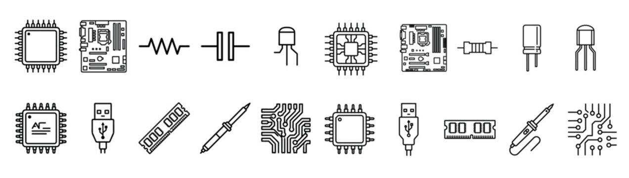 Electronic components computer hardware technology engineering outline icons representing various essential parts for modern digital systems and circuitry.