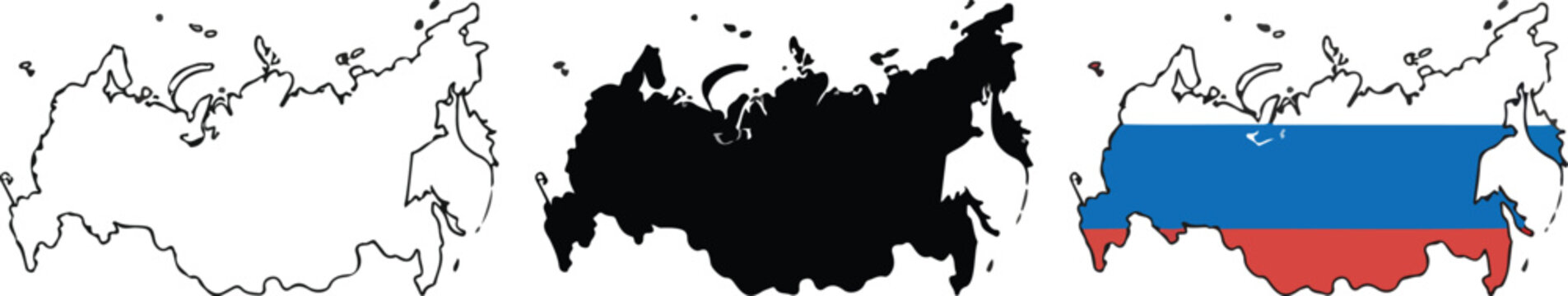 Russia map vector illustration icon set with outline silhouette and national flag design element isolated on white background