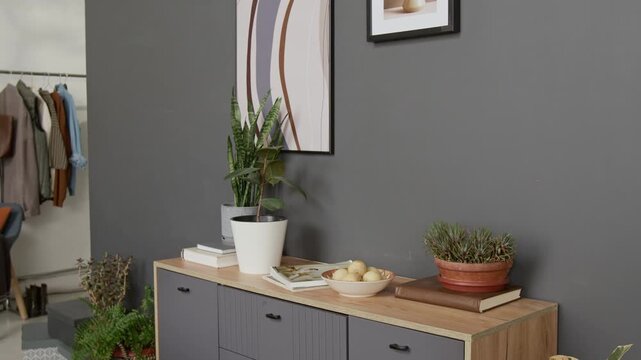 Minimalist interior of apartment showing wooden cabinet topped with books and magazines, potted plants, bowl of fruit, and two framed artworks on dark grey wall