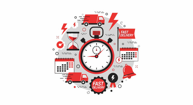 Express Fast Delivery Service Concept Flat Vector Illustration with Stopwatch and Shipping Trucks