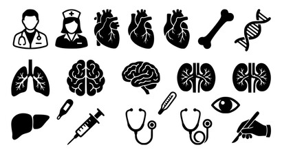 Medical silhouette vector icon set with doctor nurse avatars human anatomy organs heart brain lungs and healthcare symbols