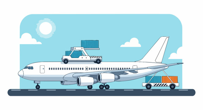 Commercial Air Freight Logistics Vector Illustration of a Cargo Plane being Loaded with Containers on a Runway for Global Trade