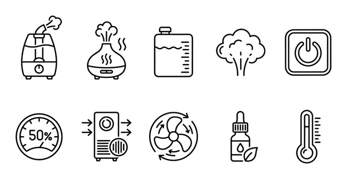 Humidifier aroma diffuser air quality control essential oil icons collection representing various devices and settings for comfortable indoor environments.