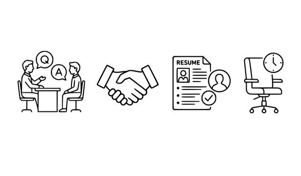 Human resources recruitment process line art icon set with candidate interview handshake resume document and office chair symbol