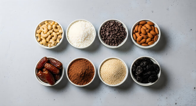 Assorted healthy nuts seeds dried fruits and powders in bowls
