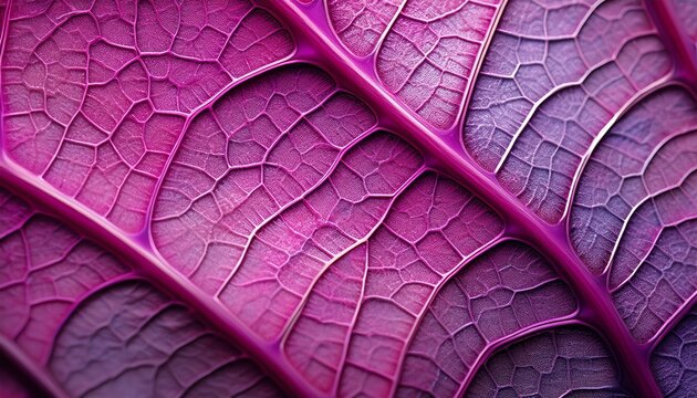 macro close up of a magenta leaf with bold central vein and delicate secondary veins forming a fractal pattern in soft lavender and fuchsia hues