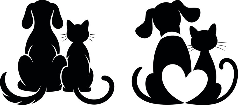 Pair of black silhouette illustrations showing a dog and a cat sitting together, one with a heart symbol between them, representing companionship