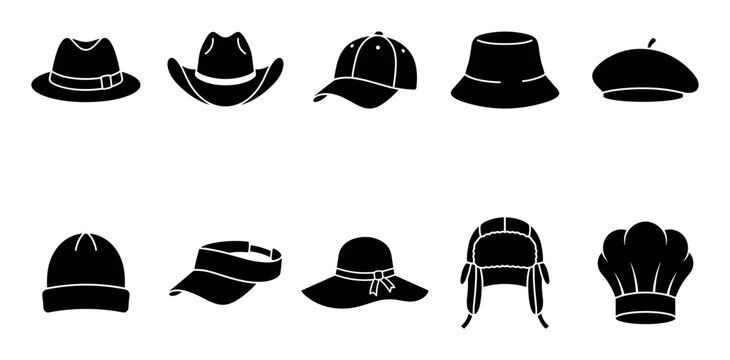 Collection of diverse hats and headwear silhouettes set featuring various fashion accessories and protective gear for different occasions.