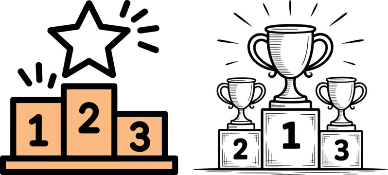 Vector illustrations of podium and trophies for first second third place winners number one champion competition achievement celebration