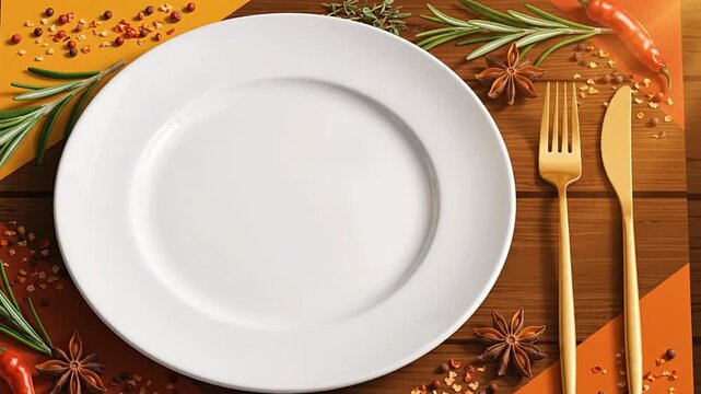 Empty white plate with gold cutlery and scattered spices on wooden table cinematic motion video clip 4k