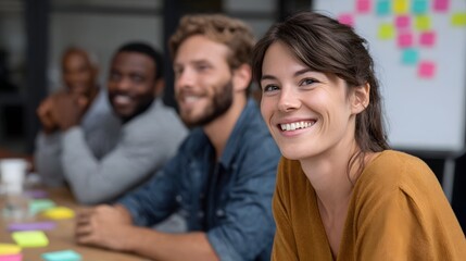 Obraz premium Two smiling colleagues collaborate on business strategies around a table in a modern office environment