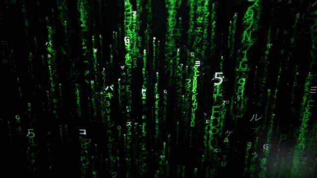 Green digital characters and symbols cascade down a black screen in a matrix rain effect. This digital data stream represents cyber security and computer encryption concepts.
