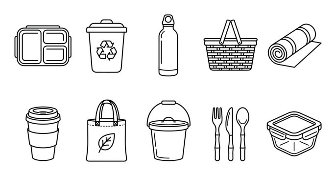 Reusable sustainable eco-friendly items for a green lifestyle, including lunch boxes, water bottles, shopping bags, and picnic accessories, presented as line art icons.