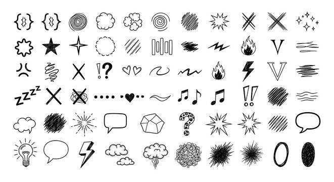 Comprehensive set of hand drawn comic style icons symbols and emoticons on white background with lightning exclamation question expression scribble